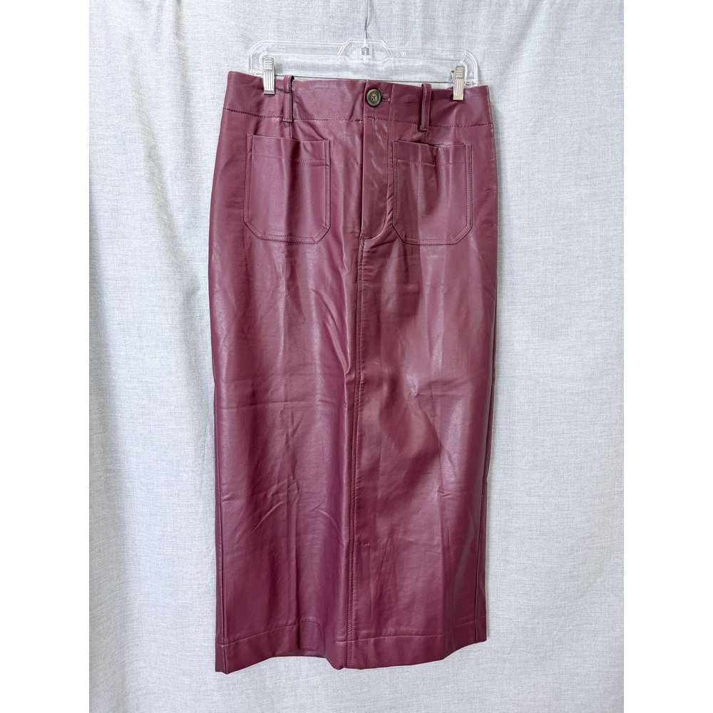 NWT Maeve Anthropologie Burgundy Faux Leather Midi Skirt M Pencil Pockets